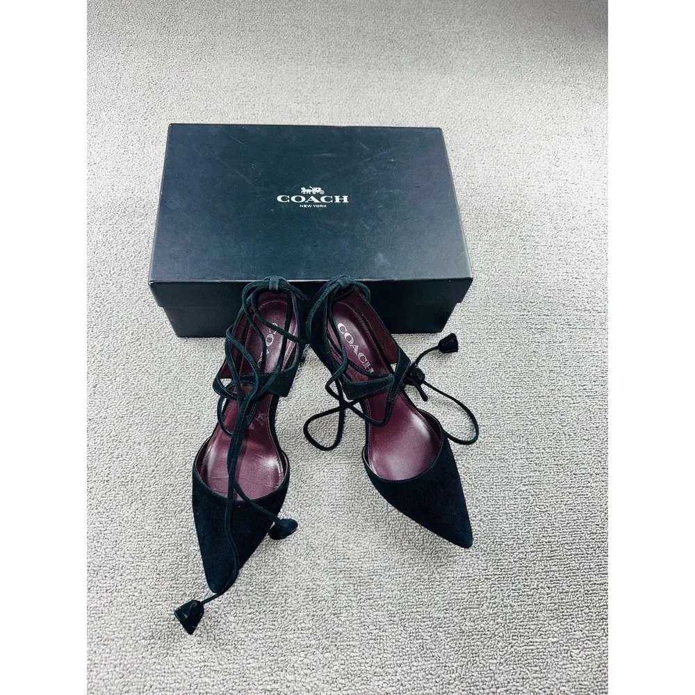 Coach‎ Pumps Women 7.5 Black Shae Lux Suede Lace Up Tassel Luxury Academia Goth